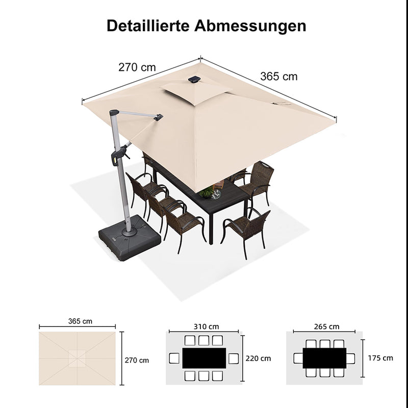 PURPLE LEAF Sonnenschirm Balkon Ampelschirm Drehbar Neigbar Kippbar Marktschirm Groß 360°Rotation, mit LED