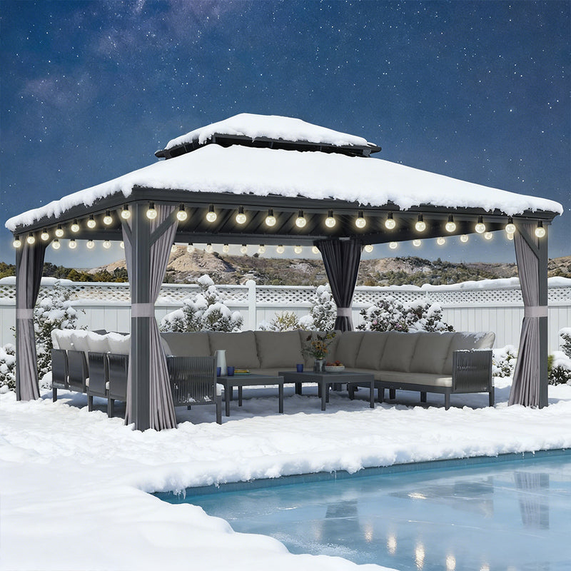 PURPLE LEAF Terrassen-Pavillon für den Garten, graues Hardtop-Dach aus verzinktem Stahl, Vordach mit Lichterkette - transparent
