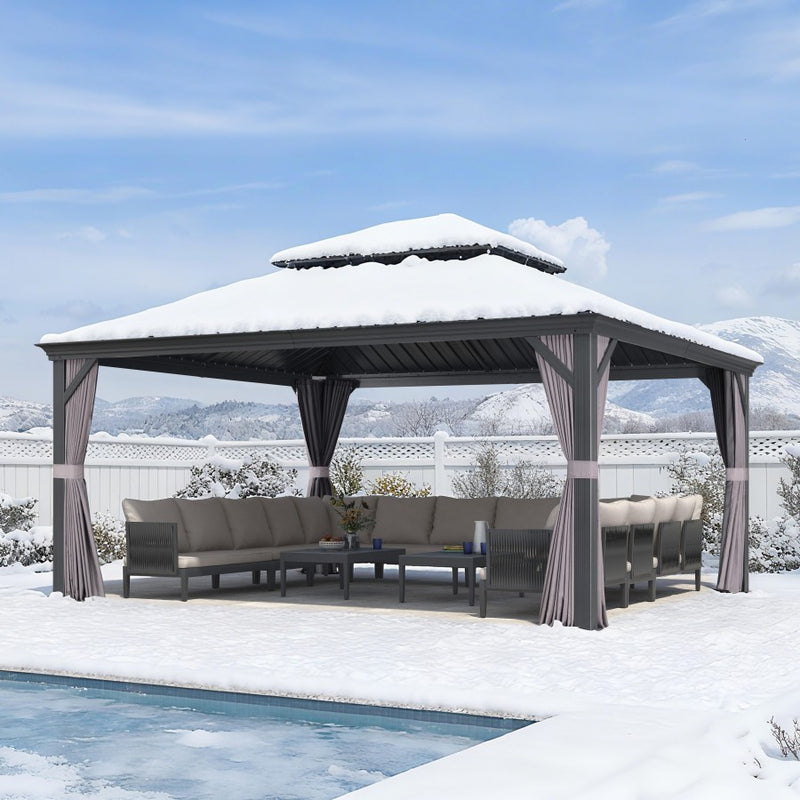 PURPLE LEAF Grau Alu Pavillon Wasserdicht Stabil Winterfest Wetterfest Gartenpavillon mit 4 Doppel Seitenteile Hardtop Pavillon mit Stahldach