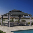 PURPLE LEAF Terrassen-Pavillon in Grau wetterfest mit Hardtop-Dach aus verzinktem Stahl, milchweiße Lichterkette