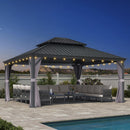 PURPLE LEAF Terrassen-Pavillon für den Garten, graues Hardtop-Dach aus verzinktem Stahl, Vordach mit Lichterkette - transparent