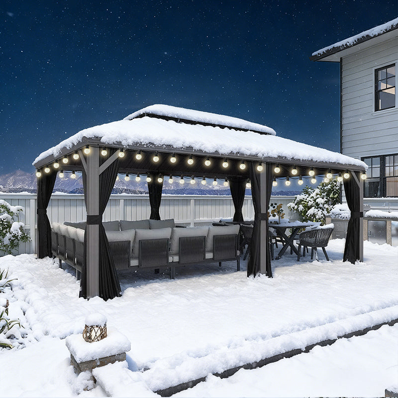 PURPLE LEAF Terrassenpavillon für den Garten | Hardtop mit verzinktem Stahlrahmen und Lichterkette  - transparent | Arktis Grau