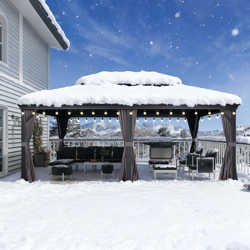 PURPLE LEAF Terrassen-Pavillon für den Garten, graues Hardtop-Dach aus verzinktem Stahl, Vordach mit Lichterkette - transparent
