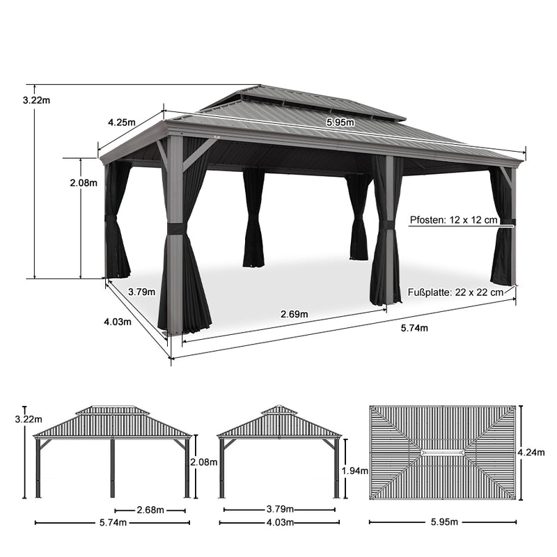 PURPLE LEAF Terrassenpavillon für den Garten | Hardtop mit verzinktem Stahlrahmen und Lichterkette  - transparent | Arktis Grau
