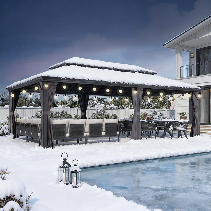 PURPLE LEAF Terrassen-Pavillon für den Garten, graues Hardtop-Dach aus verzinktem Stahl, Vordach mit Lichterkette - transparent
