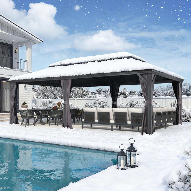 PURPLE LEAF Grau Alu Pavillon Wasserdicht Stabil Winterfest Wetterfest Gartenpavillon mit 4 Doppel Seitenteile Hardtop Pavillon mit Stahldach