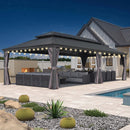 PURPLE LEAF Terrassen-Pavillon für den Garten, graues Hardtop-Dach aus verzinktem Stahl, Vordach mit Lichterkette - transparent