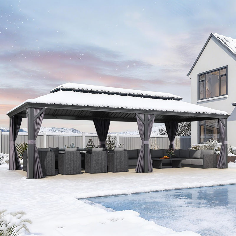 PURPLE LEAF Grau Alu Pavillon Wasserdicht Stabil Winterfest Wetterfest Gartenpavillon mit 4 Doppel Seitenteile Hardtop Pavillon mit Stahldach