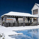 PURPLE LEAF Terrassen-Pavillon für den Garten, graues Hardtop-Dach aus verzinktem Stahl, Vordach mit Lichterkette - transparent