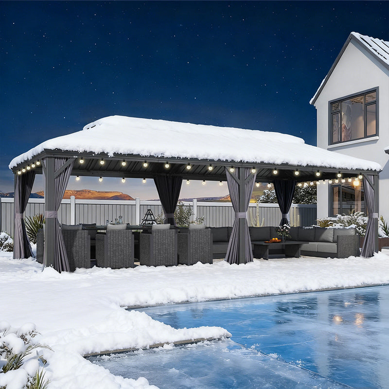 PURPLE LEAF Terrassen-Pavillon für den Garten, graues Hardtop-Dach aus verzinktem Stahl, Vordach mit Lichterkette - transparent