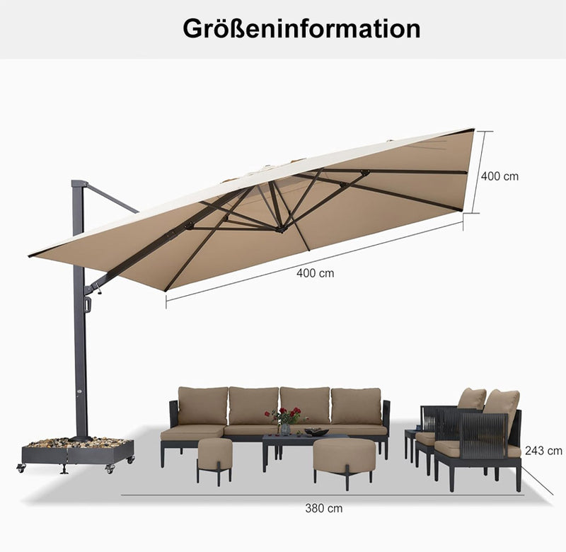 PURPLE LEAF Extra Großer Outdoor-Alu-Sonnenschirm, Freischwebender Terrassenschirm Extrem Windfest, für Café, Terrasse & Outdoor,UV-Schutz