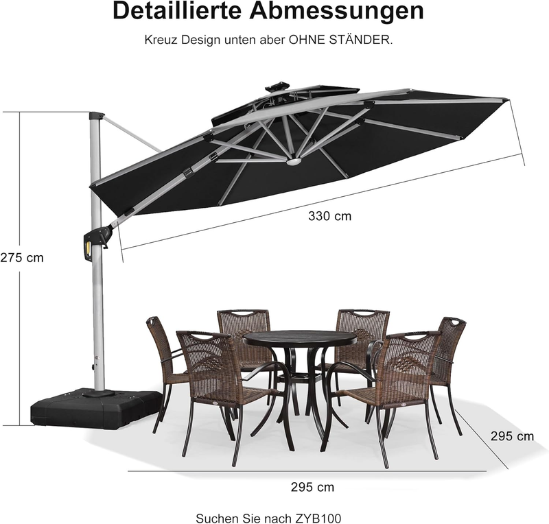 PURPLE LEAF runden Sonnenschirm mit Led Solar Beleuchtung Ampelschirm Gartenschirm Terrassenschirm mit Kurbel, 360°Rotation