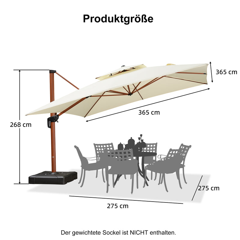 PURPLE LEAF Garten Sonnenschirm, quadratischer Alu Holzoptik Ampelschirm Überhang mit Kurbelgriff und Neigung für Balkon