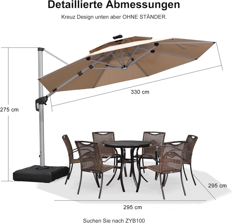 PURPLE LEAF runden Sonnenschirm mit Led Solar Beleuchtung Ampelschirm Gartenschirm Terrassenschirm mit Kurbel, 360°Rotation