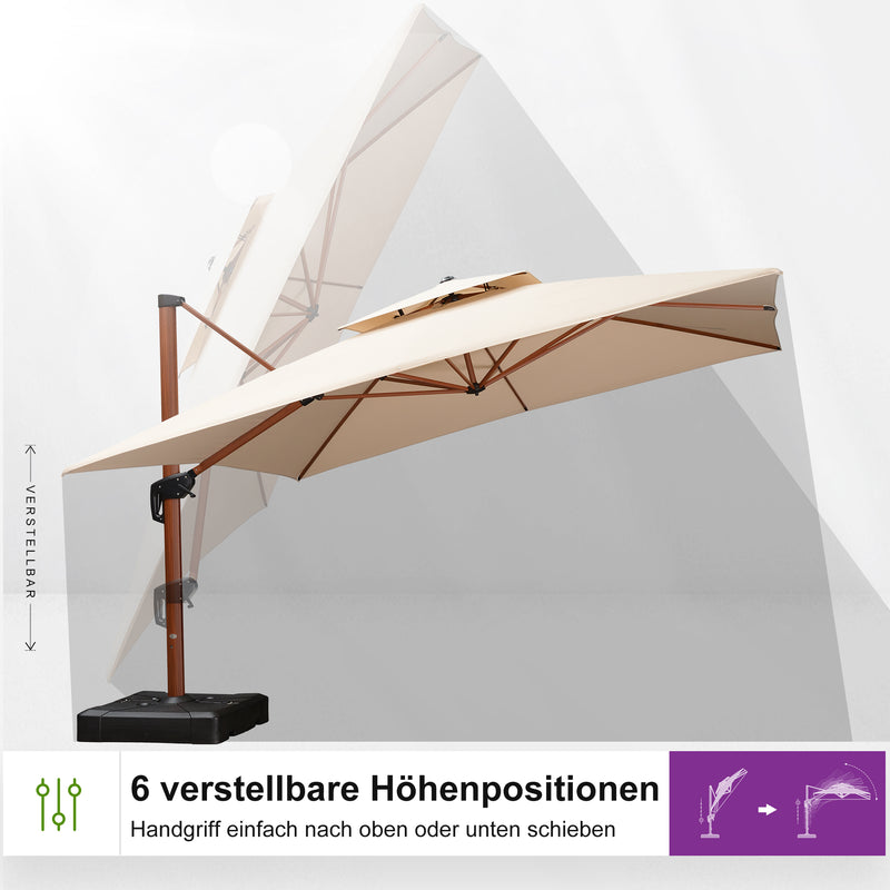 PURPLE LEAF Garten Sonnenschirm, quadratischer Alu Holzoptik Ampelschirm Überhang mit Kurbelgriff und Neigung für Balkon