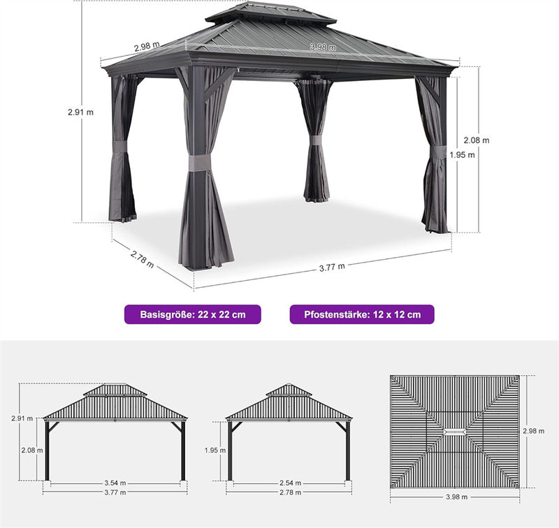 PURPLE LEAF Grau Alu Pavillon Wasserdicht Stabil Winterfest Wetterfest Gartenpavillon mit 4 Doppel Seitenteile Hardtop Pavillon mit Stahldach