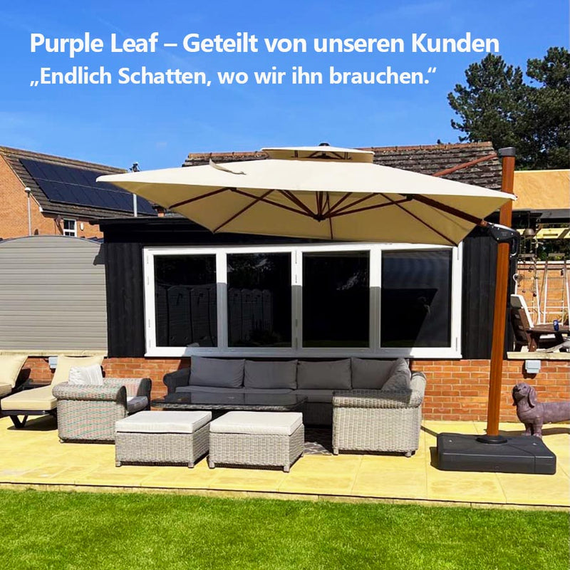 PURPLE LEAF Garten Sonnenschirm, quadratischer Alu Holzoptik Ampelschirm Überhang mit Kurbelgriff und Neigung für Balkon