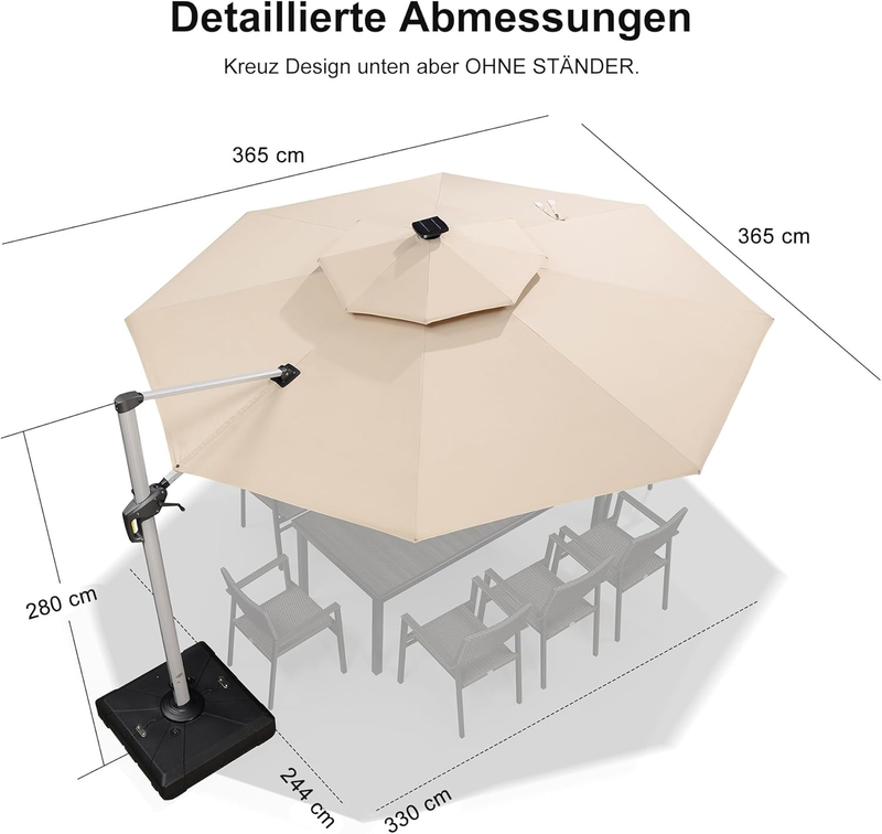 PURPLE LEAF runden Sonnenschirm mit Led Solar Beleuchtung Ampelschirm Gartenschirm Terrassenschirm mit Kurbel, 360°Rotation