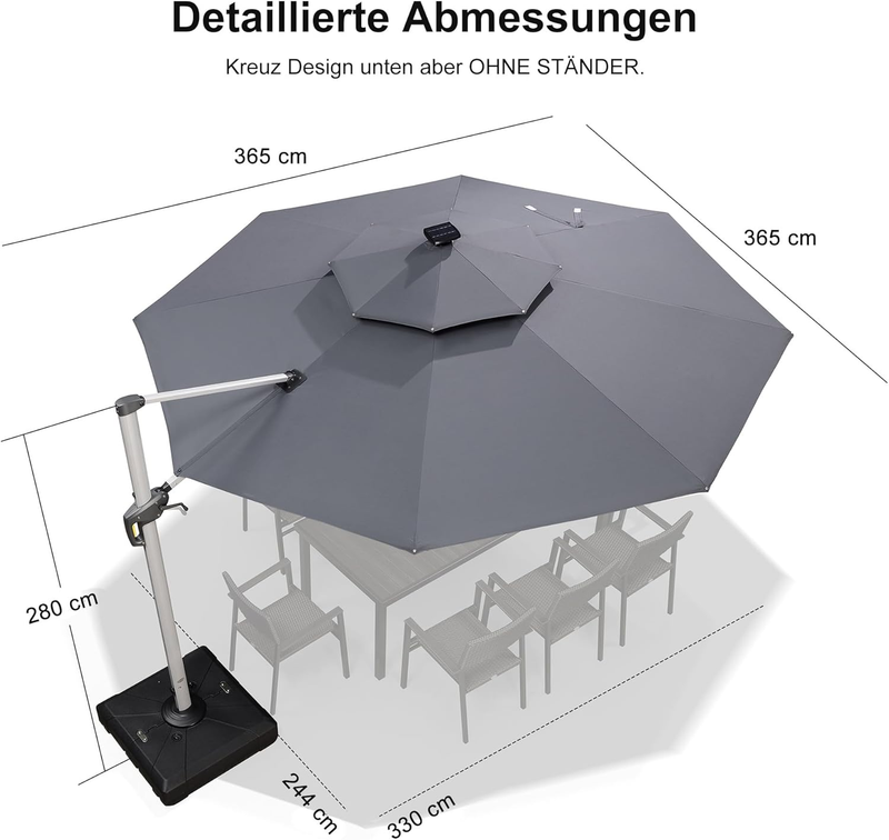 PURPLE LEAF runden Sonnenschirm mit Led Solar Beleuchtung Ampelschirm Gartenschirm Terrassenschirm mit Kurbel, 360°Rotation