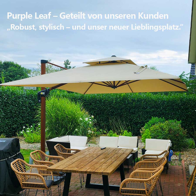 PURPLE LEAF Garten Sonnenschirm, quadratischer Alu Holzoptik Ampelschirm Überhang mit Kurbelgriff und Neigung für Balkon