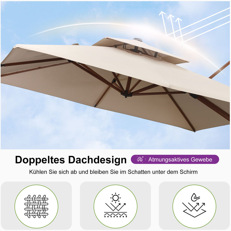 PURPLE LEAF Garten Sonnenschirm, quadratischer Alu Holzoptik Ampelschirm Überhang mit Kurbelgriff und Neigung für Balkon