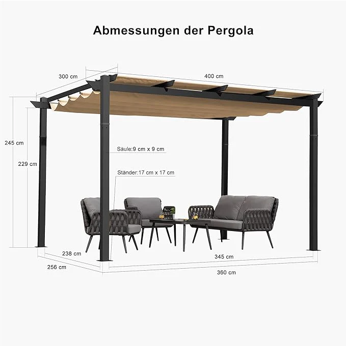 PURPLE LEAF Aluminium Pergola Einziehbare Markise mit Sonnenschutzdach und Seitenvorhängen für Terrasse Garten Grillpavillon