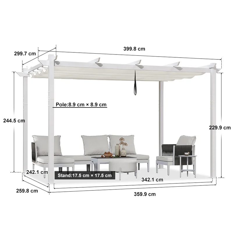 PURPLE LEAF Ausziehbare Outdoor Pergola mit Doppel-Sonnensege & Seitenschutzvorhängen  Weiße Aluminium-Pergola  Moderne Terrassen-Markise für Garten Hof&Terrasse kaki