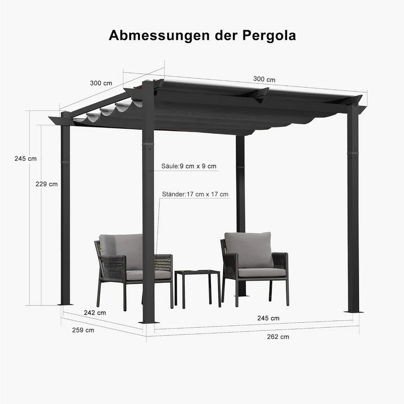 PURPLE LEAF Aluminium Pergola Einziehbare Markise mit Sonnenschutzdach und Seitenvorhängen für Terrasse Garten Grillpavillon