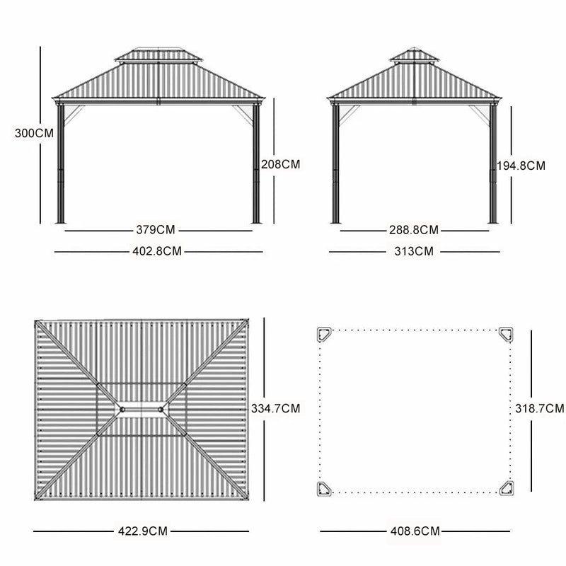 PURPLE LEAF Grau Alu Pavillon Wasserdicht Stabil Winterfest Wetterfest Gartenpavillon mit 4 Doppel Seitenteile Hardtop Pavillon mit Stahldach