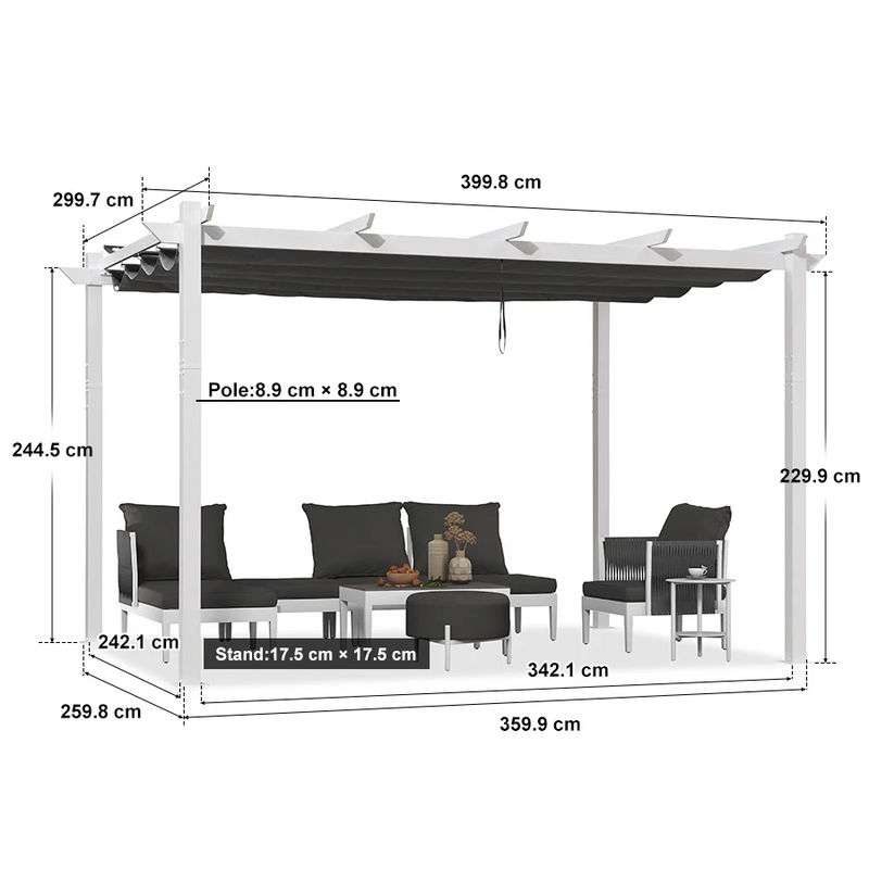 PURPLE LEAF Ausziehbare Outdoor Pergola mit Doppel-Sonnensege & Seitenschutzvorhängen  Weiße Aluminium-Pergola  Moderne Terrassen-Markise für Garten Hof&Terrasse kaki