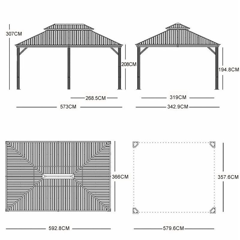 PURPLE LEAF Grau Alu Pavillon Wasserdicht Stabil Winterfest Wetterfest Gartenpavillon mit 4 Doppel Seitenteile Hardtop Pavillon mit Stahldach