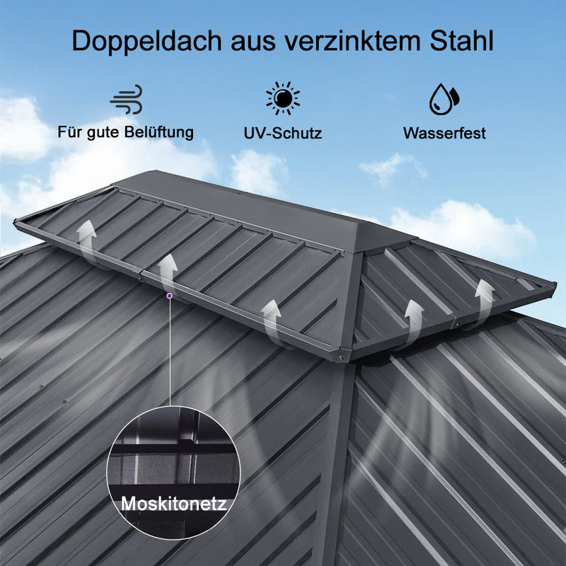 PURPLE LEAF Graues Hardtop-Pavillon mit strapazierfähigem verzinktem Stahl-Dach in Doppeldach-Ausführung mit Netz und Vorhängen