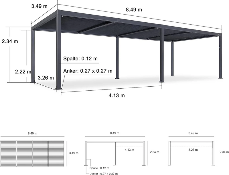 PURPLE LEAF Lamellen Pergola Lamellendach mit LED-Lichtleiste für Garten Terrasse, Grau
