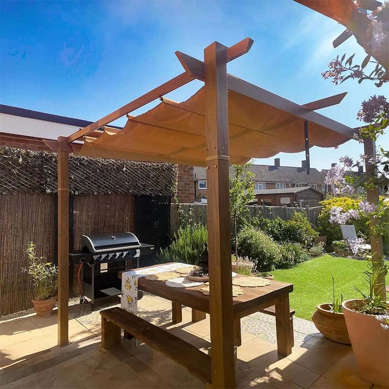 PURPLE LEAF Pergola Metall Holzoptik Garten Pavillon Aluminum Pergola Wasserdicht Sonnendach mit Schiebedach, Gartenpavillon Mit Markisenschutz