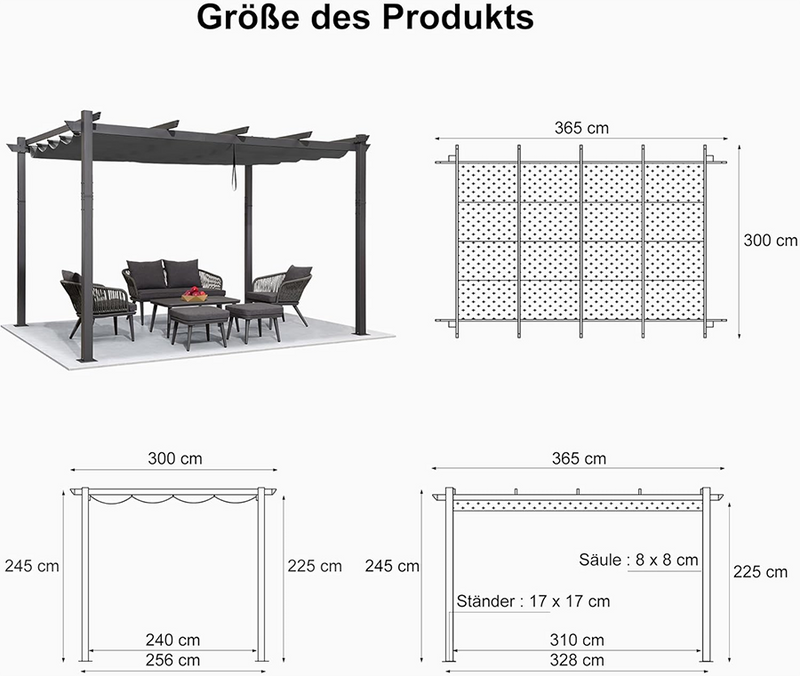 PURPLE LEAF Pergola Metall Garten Pavillon Pergola Wasserdicht Stabil Winterfest, Gartenpavillon Mit Sonnenschutz Überdachung