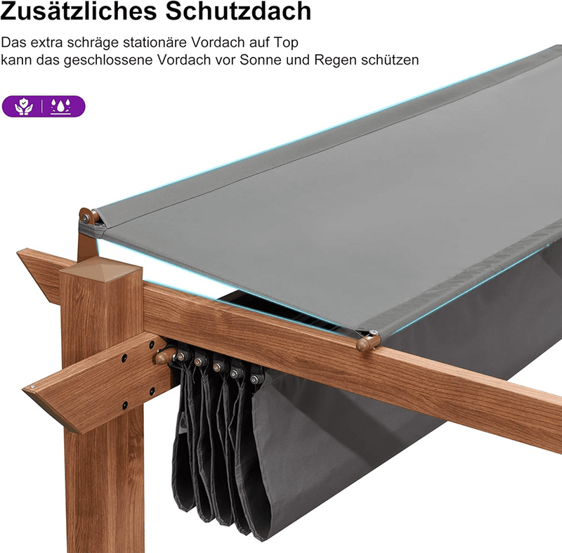 PURPLE LEAF Pergola Metall Holzoptik Garten Pavillon Aluminum Pergola Wasserdicht Sonnendach mit Schiebedach, Gartenpavillon Mit Markisenschutz