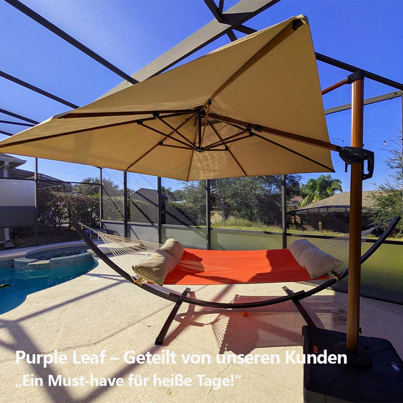 PURPLE LEAF Garten Sonnenschirm, quadratischer Alu Holzoptik Ampelschirm Überhang mit Kurbelgriff und Neigung für Balkon