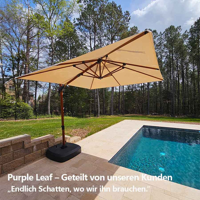PURPLE LEAF Garten Sonnenschirm, quadratischer Alu Holzoptik Ampelschirm Überhang mit Kurbelgriff und Neigung für Balkon