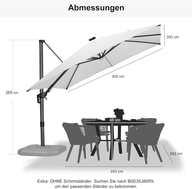 PURPLE LEAF Eingangsstil LED Ampelschirm mit Kurbel 360-Grad Drehbar mit Fußpedal und Kreuzsockel für Terrasse, Balkon Sonnenschutz