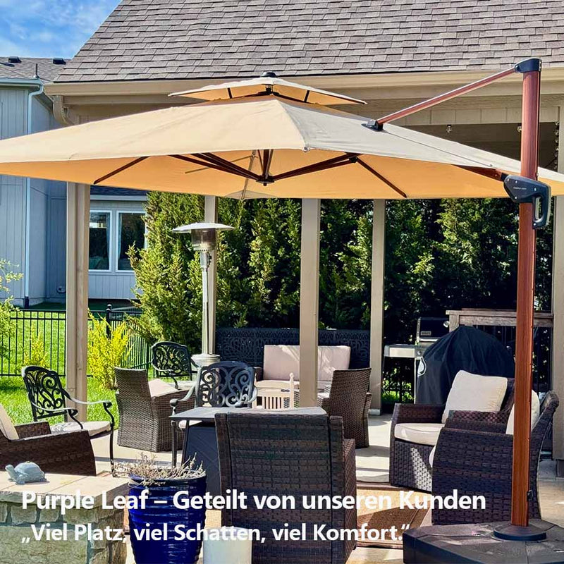 PURPLE LEAF Garten Sonnenschirm, quadratischer Alu Holzoptik Ampelschirm Überhang mit Kurbelgriff und Neigung für Balkon