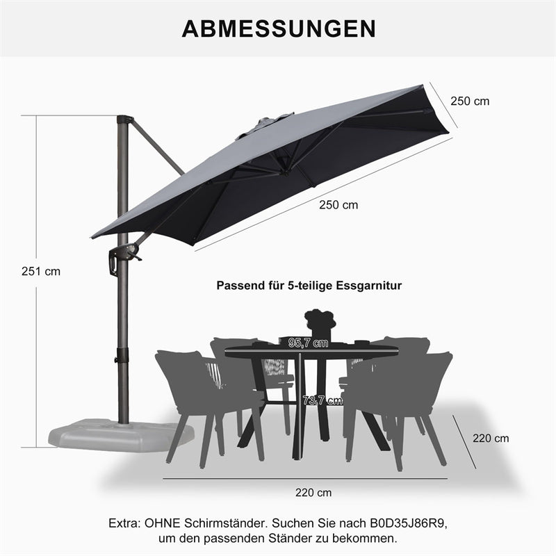 PURPLE LEAF Sonnenschirm Groß Ampelschirm mit Kurbel 360-Grad Drehbar mit Fußpedal und Kreuzsockel für Terrasse, Balkon Sonnenschutz