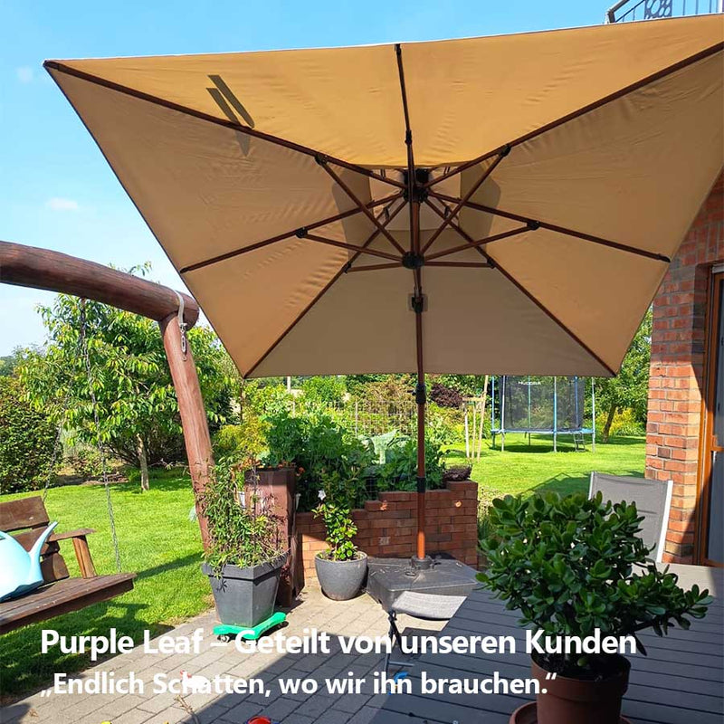 PURPLE LEAF Garten Sonnenschirm, quadratischer Alu Holzoptik Ampelschirm Überhang mit Kurbelgriff und Neigung für Balkon
