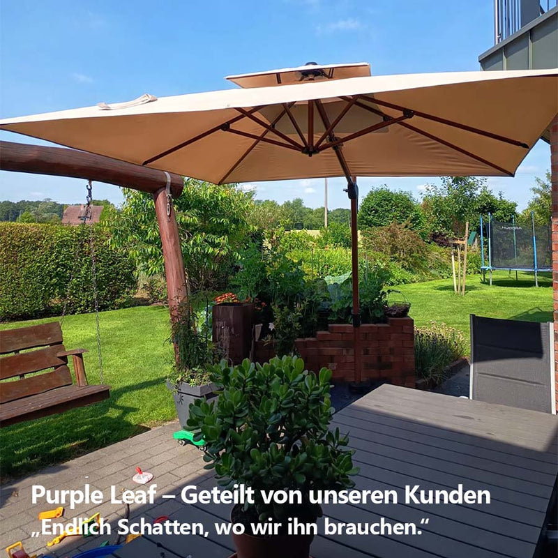 PURPLE LEAF Garten Sonnenschirm, quadratischer Alu Holzoptik Ampelschirm Überhang mit Kurbelgriff und Neigung für Balkon