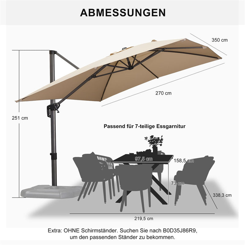 PURPLE LEAF Sonnenschirm Groß Ampelschirm mit Kurbel 360-Grad Drehbar mit Fußpedal und Kreuzsockel für Terrasse, Balkon Sonnenschutz