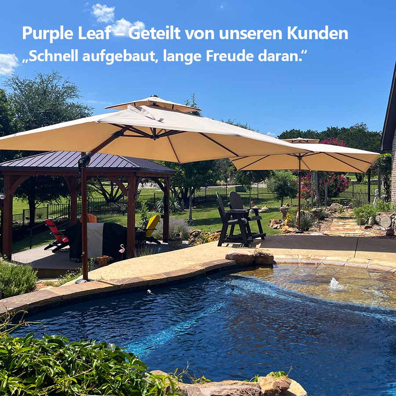 PURPLE LEAF Garten Sonnenschirm, quadratischer Alu Holzoptik Ampelschirm Überhang mit Kurbelgriff und Neigung für Balkon