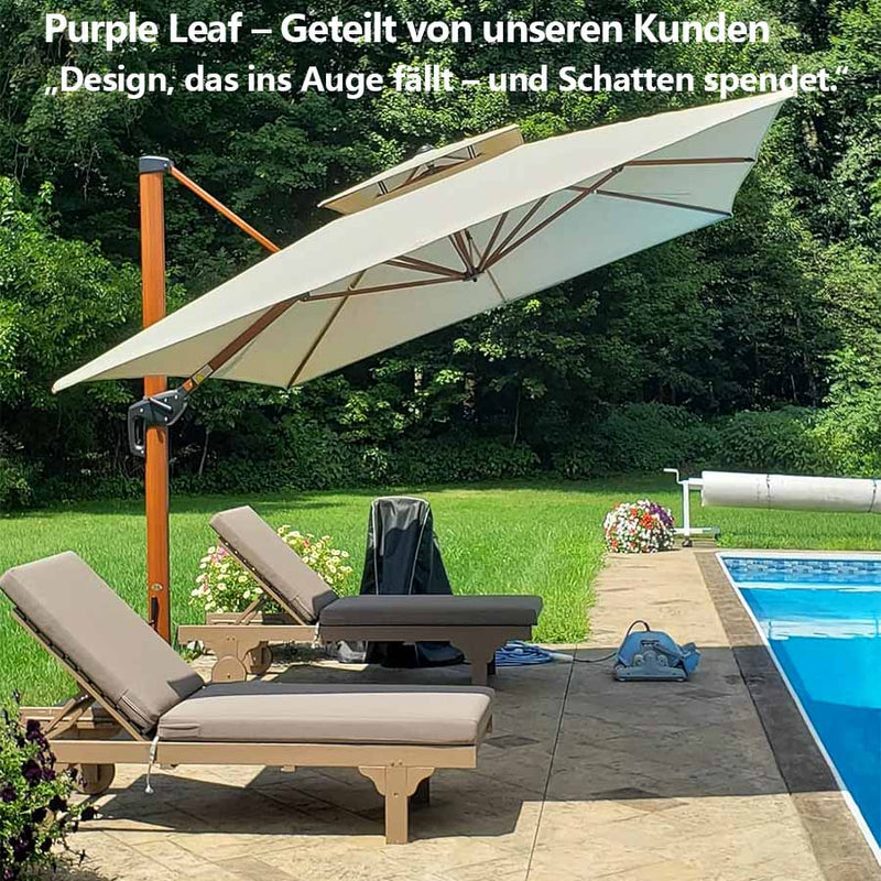PURPLE LEAF Garten Sonnenschirm, quadratischer Alu Holzoptik Ampelschirm Überhang mit Kurbelgriff und Neigung für Balkon