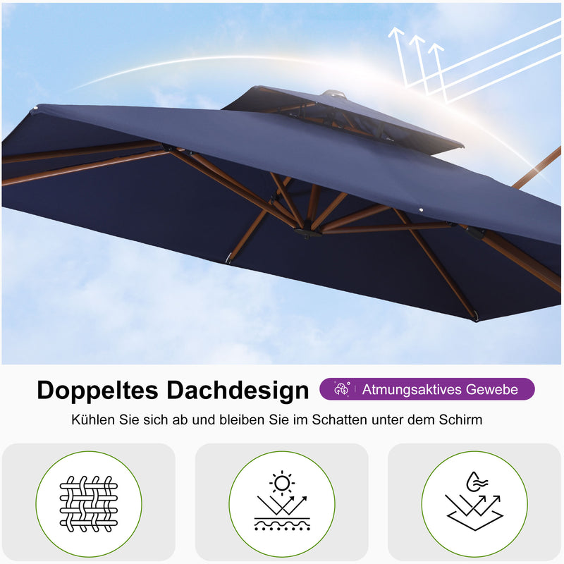 PURPLE LEAF Garten Sonnenschirm, quadratischer Alu Holzoptik Ampelschirm Überhang mit Kurbelgriff und Neigung für Balkon