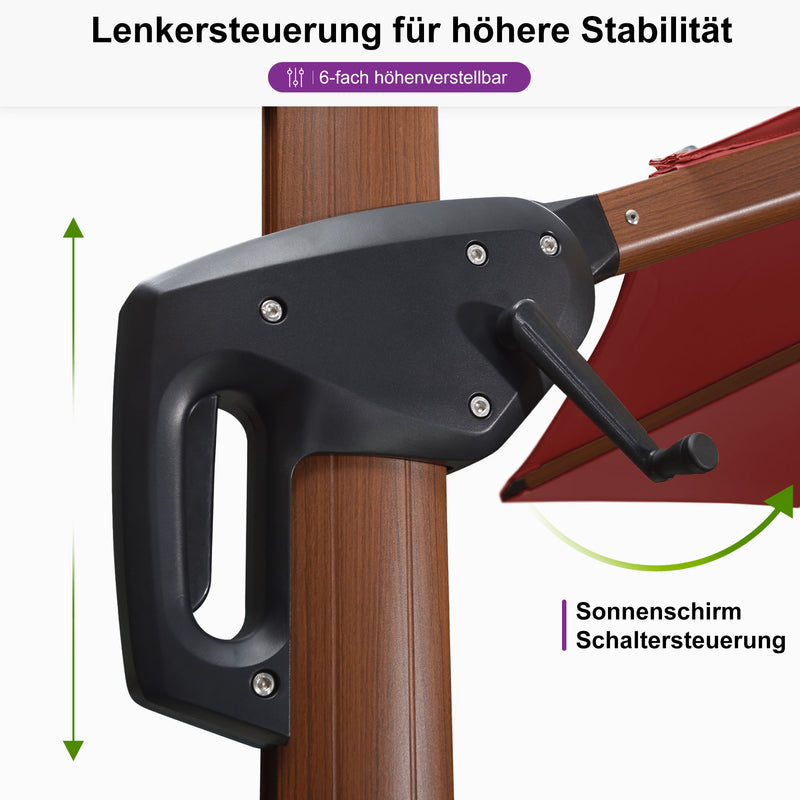 PURPLE LEAF Garten Sonnenschirm, quadratischer Alu Holzoptik Ampelschirm Überhang mit Kurbelgriff und Neigung für Balkon