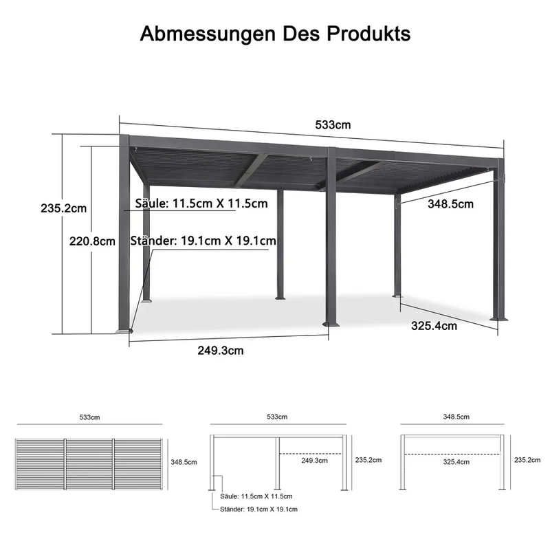 PURPLE LEAF Lamellen Pergola Outdoor Aluminium Pergola mit Verstellbarem Lamellendach für Terrasse und Garten Grau