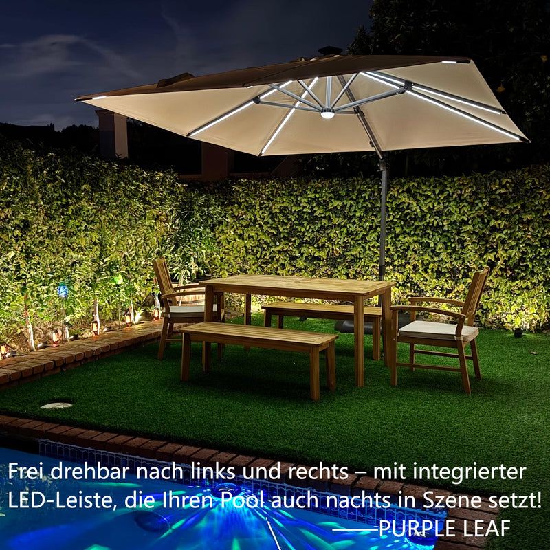 PURPLE LEAF Eingangsstil LED Ampelschirm mit Kurbel 360-Grad Drehbar mit Fußpedal und Kreuzsockel für Terrasse, Balkon Sonnenschutz